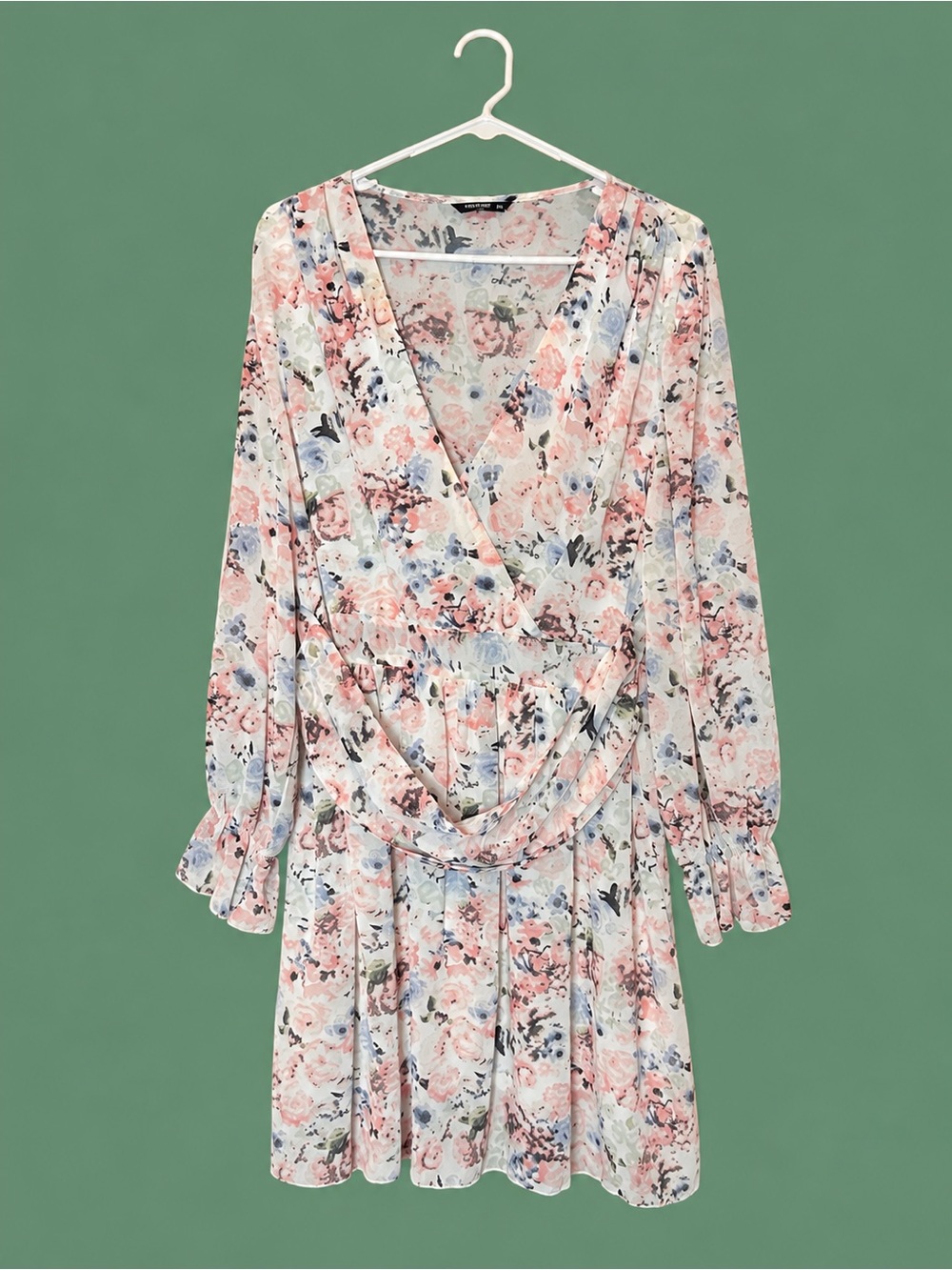 SHEIN Floral V-Neck Long Sleeve Mini Dress - Pink & Blue